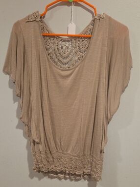 #22 Lavish Taupe Crochet-Back Flutter Sleeve Tunic
